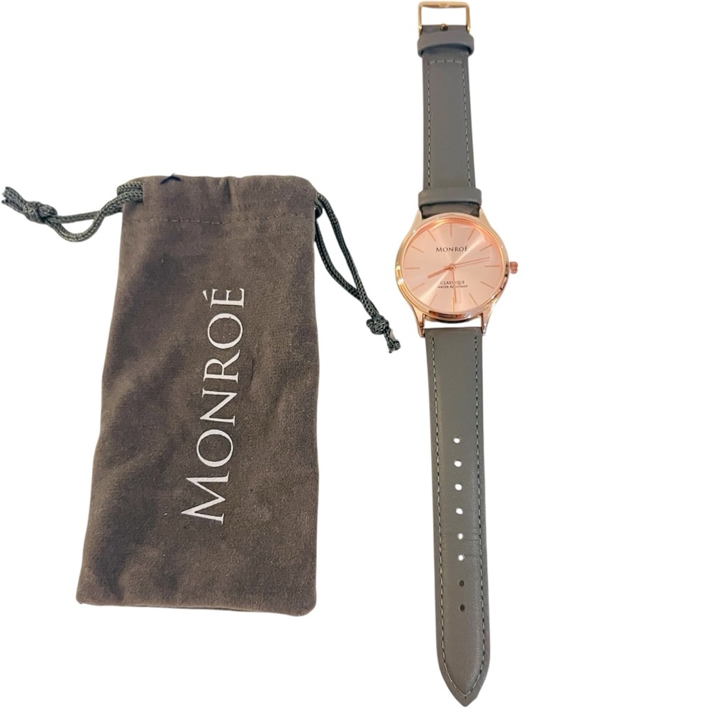 Monroe Classique Gray Leather & Rose Water Resistant Wristwatch NWOT Dust Bag